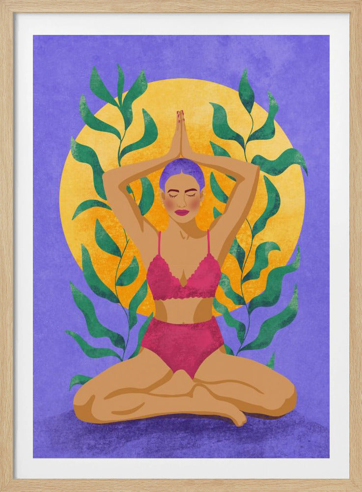 A colorful illustration of a woman with purple hair meditating in a yoga pose. She sits cross-legged with her hands pressed together above her head, wearing a pink lingerie set. Behind her is a large yellow sun against a purple background, framed by green leaves. Print