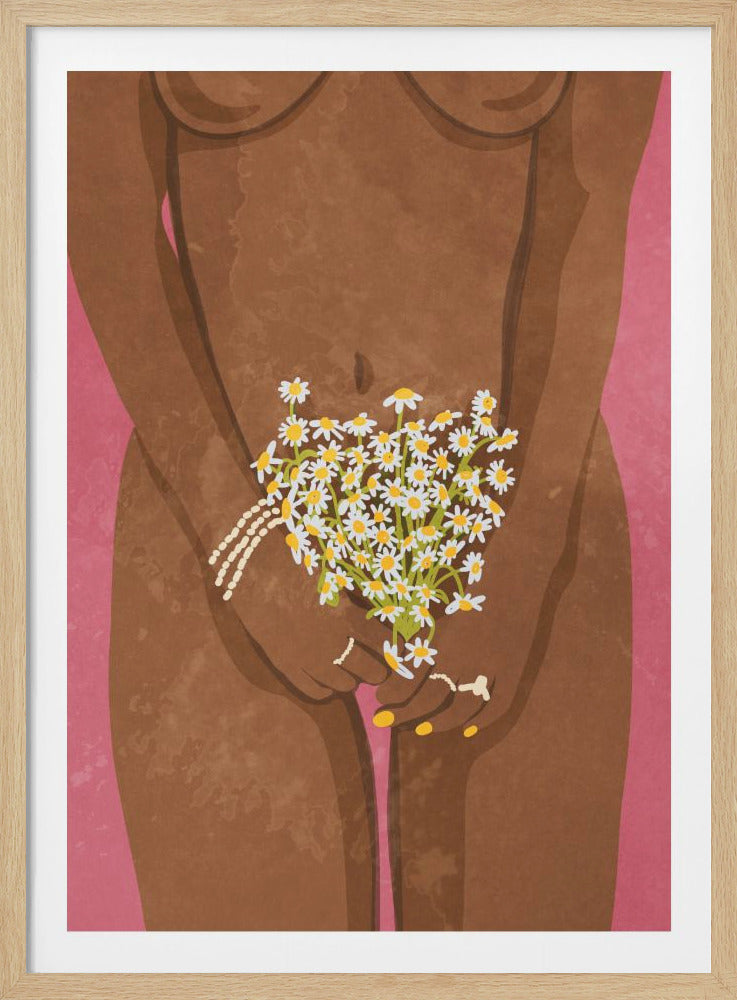 A minimalist illustration of a nude, brown-skinned woman's torso against a pink background. Her hands are holding a bouquet of white and yellow daisies over her pubic area. Print