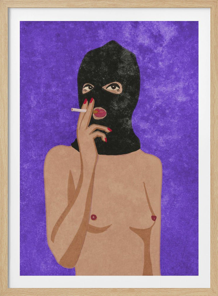 An illustration of a topless person wearing a black balaclava against a textured purple background. They are holding a cigarette to their red-painted lips, and their nails are also painted red. Decor