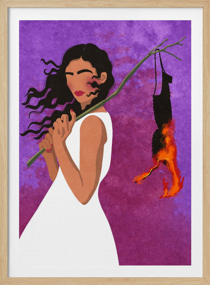 A graphic illustration of a woman with long, dark hair in a white dress, set against a vibrant purple background. She holds a branch over her shoulder from which a black object, possibly a bra, hangs and burns with bright orange flames. Artwork