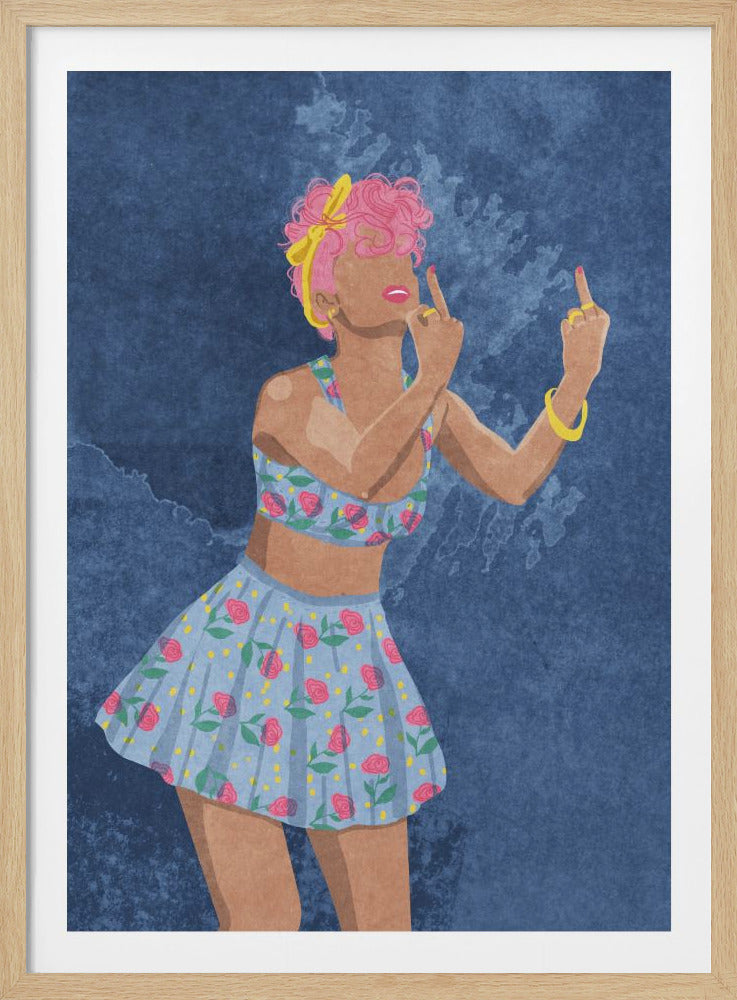 A pop art illustration of a woman with short, curly pink hair held back by a yellow bandana. She is wearing a light blue two-piece outfit with a pink rose pattern and is defiantly holding up both middle fingers against a textured dark blue background. Decor