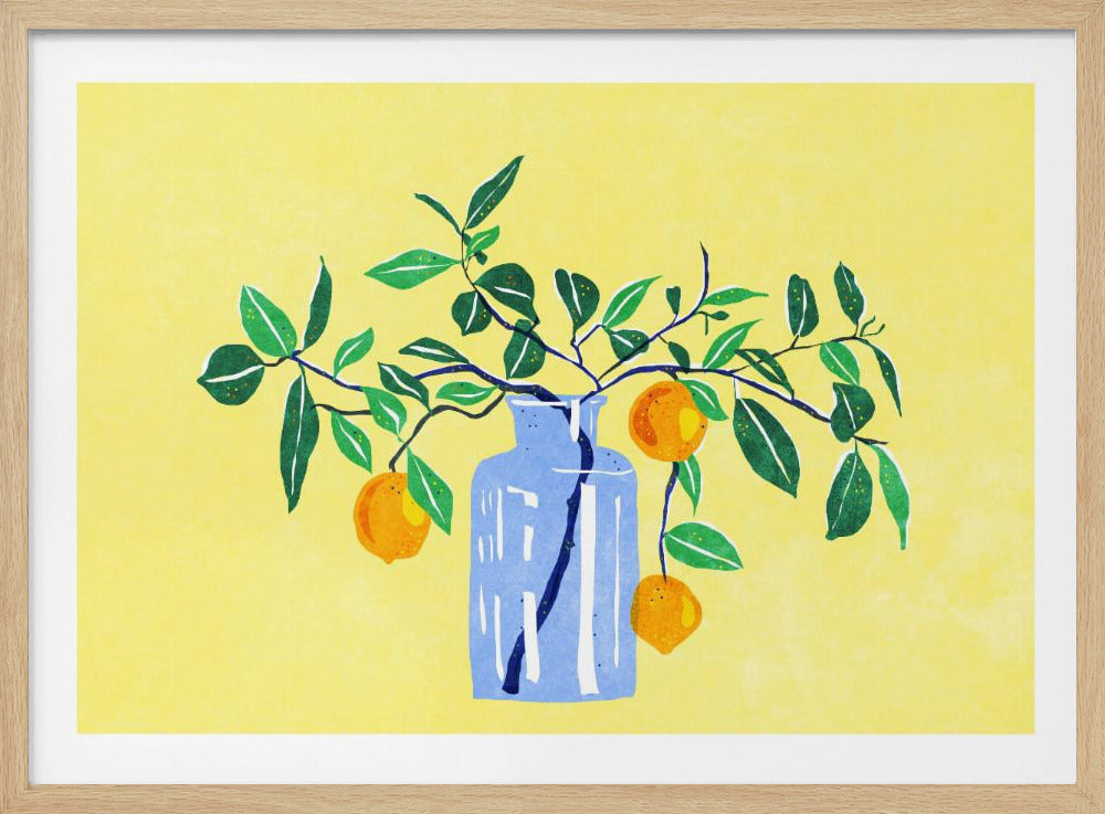 A stylized still life painting of orange tree branches with lush green leaves and three ripe oranges in a light blue glass vase, all set against a bright yellow background. The artwork is enclosed in a silver frame. Poster