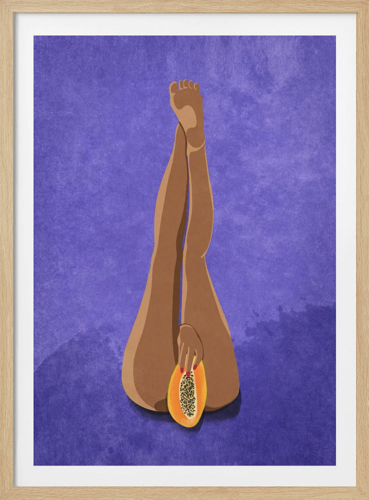 A framed illustration of a person with brown skin lying on their back with their legs raised in the air against a textured purple background. Their hand, with red nails, holds a halved papaya between their legs. Poster