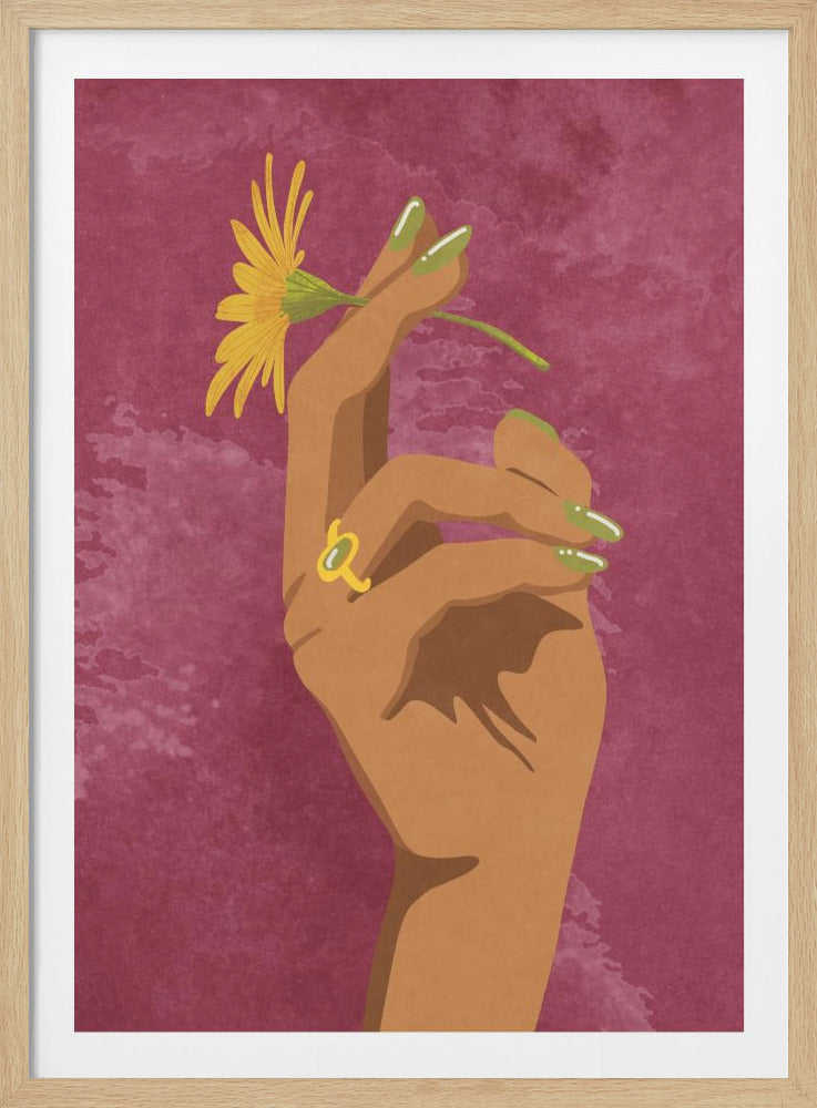 A stylized illustration of a brown-skinned hand with long, light green nails holding a single yellow daisy. The hand wears a gold ring shaped like the Leo zodiac sign, set against a textured mauve-pink background. Artwork