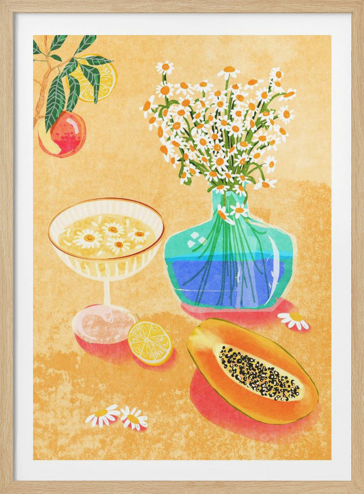 A vibrant still life illustration with a warm, textured orange background. In the center is a turquoise glass vase holding a large bouquet of white daisies with orange centers. To the left, a coupe glass contains a yellow drink with small daisies floating in it. In the foreground lies a halved papaya showing its black seeds and a slice of lemon. A branch with a peach and a lemon hangs in the upper left corner. Decor