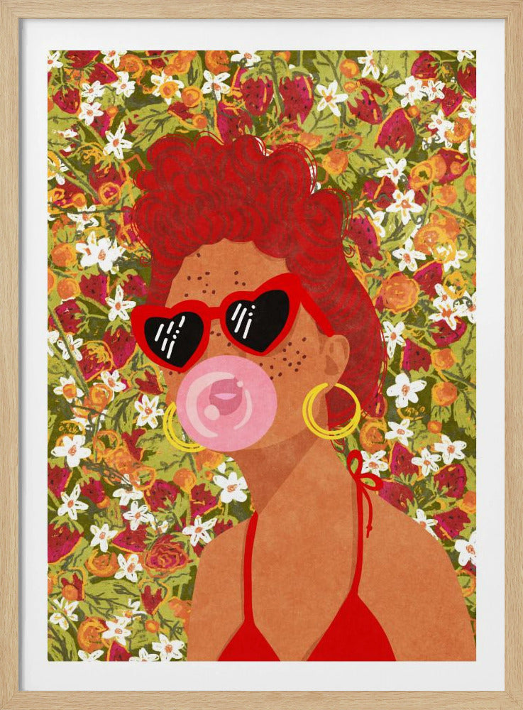A vibrant pop art illustration of a woman with curly red hair, wearing red heart-shaped sunglasses and a matching bikini. She is blowing a pink bubblegum bubble against a busy background of strawberries and white flowers. Poster