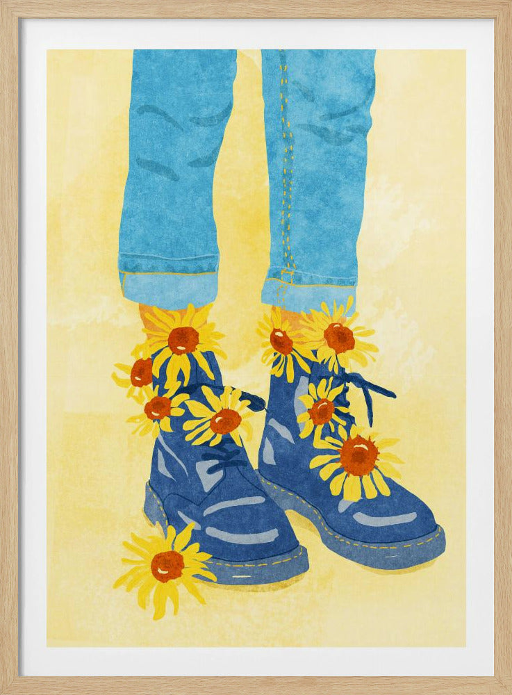 An illustration of a person's lower legs and feet wearing cuffed blue jeans and blue combat boots against a pale yellow background. Bright yellow and orange sunflowers are blooming out of the boots and laces. Poster