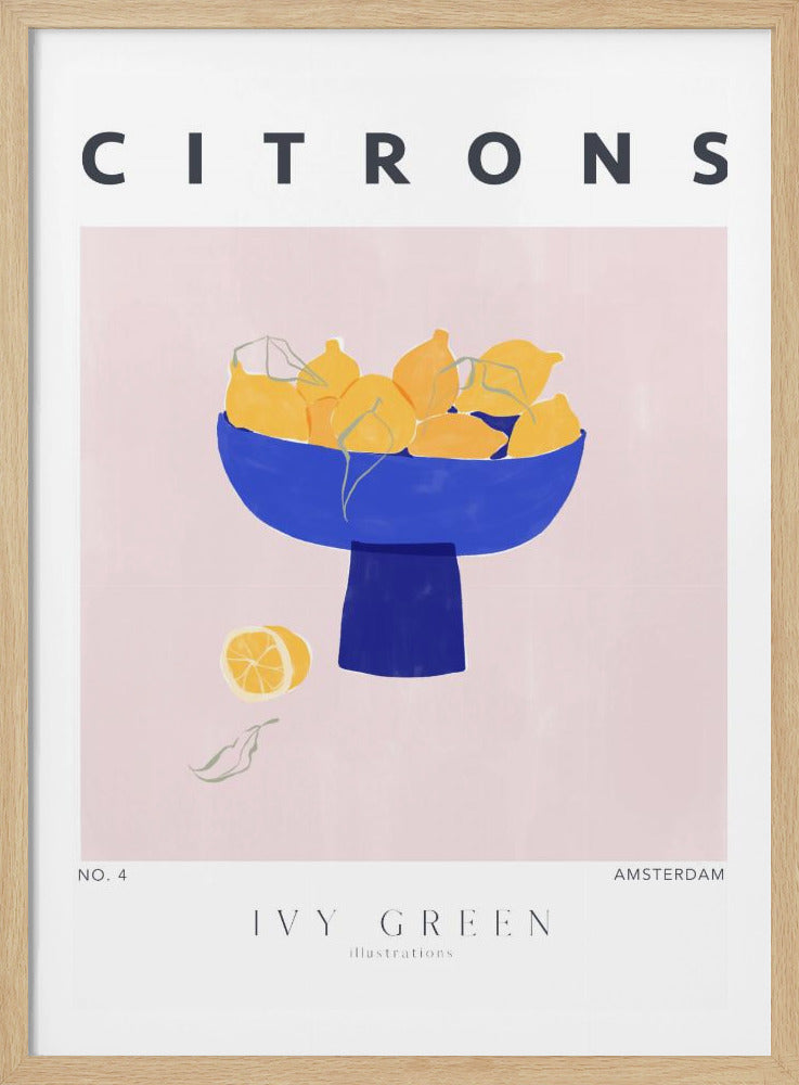 A modern art print titled 'CITRONS' featuring a stylized illustration of a vibrant blue bowl overflowing with yellow lemons on a pale pink background. A sliced lemon and a single leaf are depicted below the bowl. The poster has a white border with text at the top and bottom, all within a thin black frame. Decor
