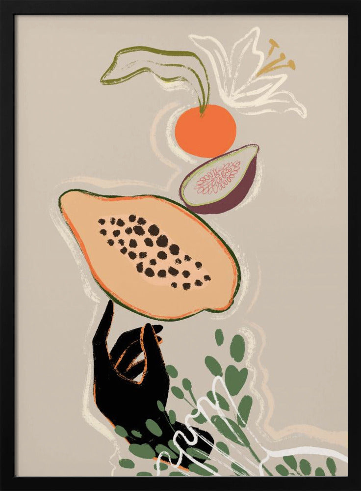 A modern illustration of a black hand balancing a sliced papaya. Above it floats a fig, an orange, and a white lily, with green leaves below, all set against a neutral beige background. Print
