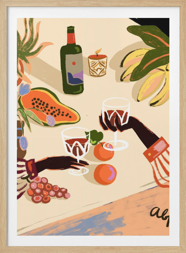 A colorful, modern illustration of two people's hands toasting with glasses of red wine over a table laden with fresh fruit, including papaya, bananas, and grapes, with a wine bottle and candle in the background. Artwork