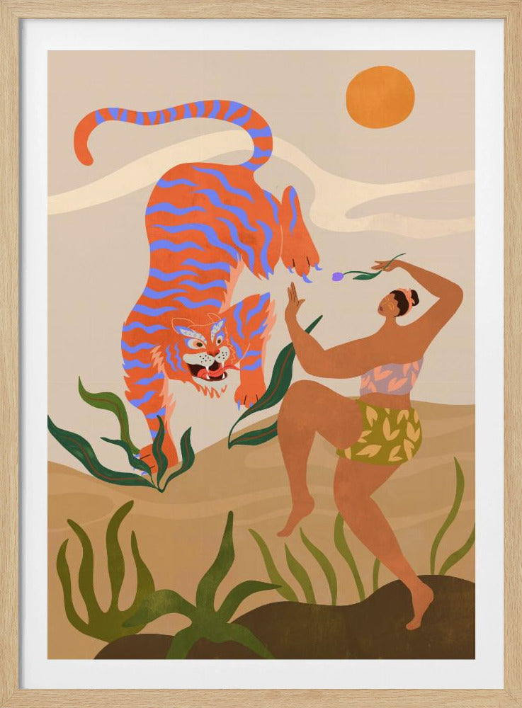 A stylized illustration of a woman dancing in front of a large tiger. The tiger is orange with blue stripes and is in a pouncing stance. The woman is wearing a patterned top and shorts and holds a purple flower. The background is a desert-like landscape with green plants and a large orange sun. Print