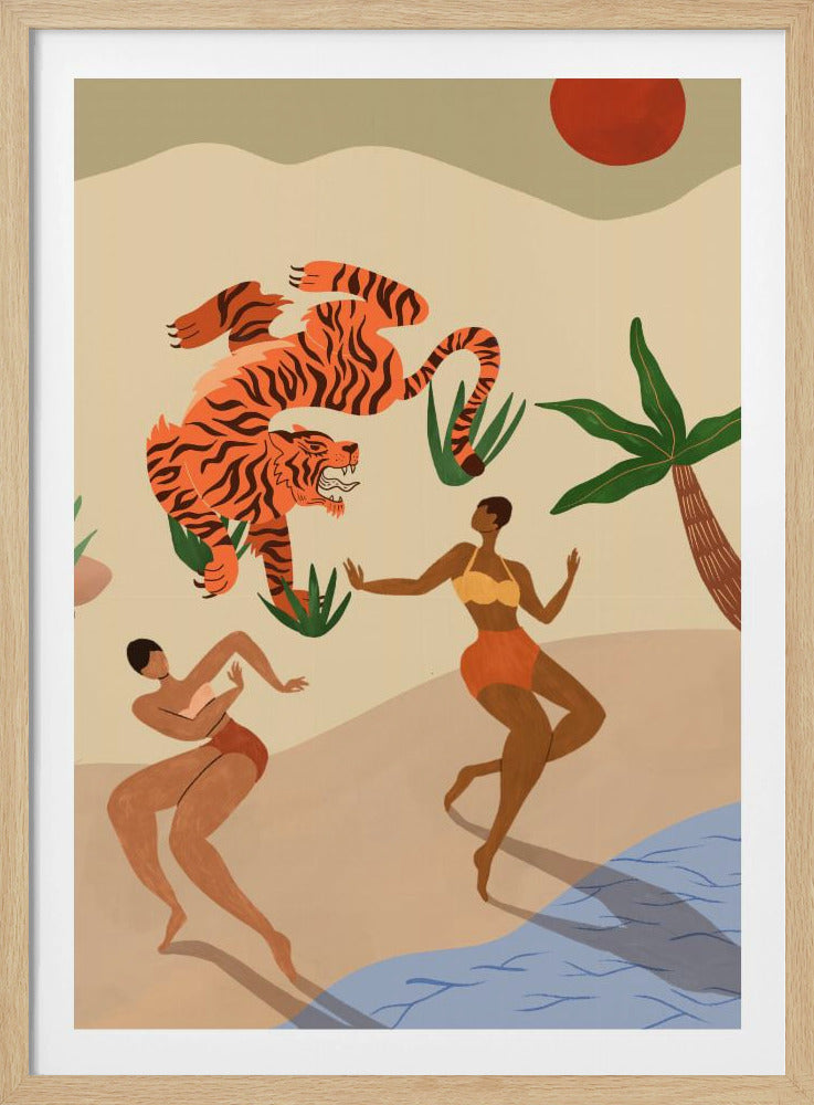 A modern, stylized illustration of a beach scene featuring a large, leaping orange tiger with black stripes. Two dark-skinned women in bikinis dance on the sand near a palm tree and blue water, under a red sun. Print