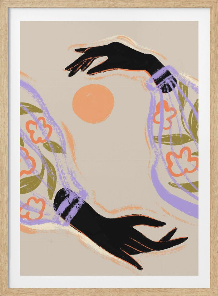 A modern, stylized illustration of two black hands against a beige background. The hands, one reaching down from the top and one up from the bottom, are framed by flowing, sheer sleeves with a floral pattern in purple, orange, and green. An orange circle, representing a sun or moon, is centered between the hands. Artwork