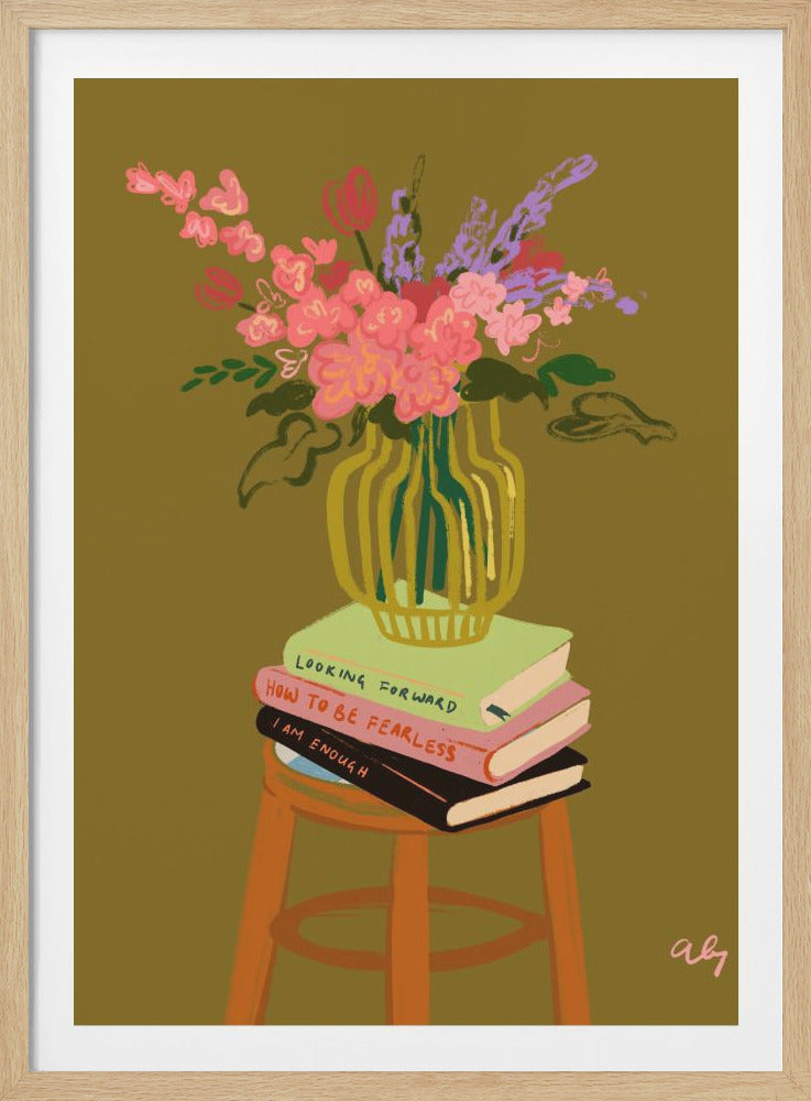 A painterly illustration of a yellow and green vase filled with pink and purple flowers. The vase sits on a stack of three books with inspirational titles: 'Looking Forward', 'How to Be Fearless', and 'I Am Enough'. The books are placed on a simple wooden stool against a solid olive green background. The artist's signature 'aby' is in the lower right corner. Decor