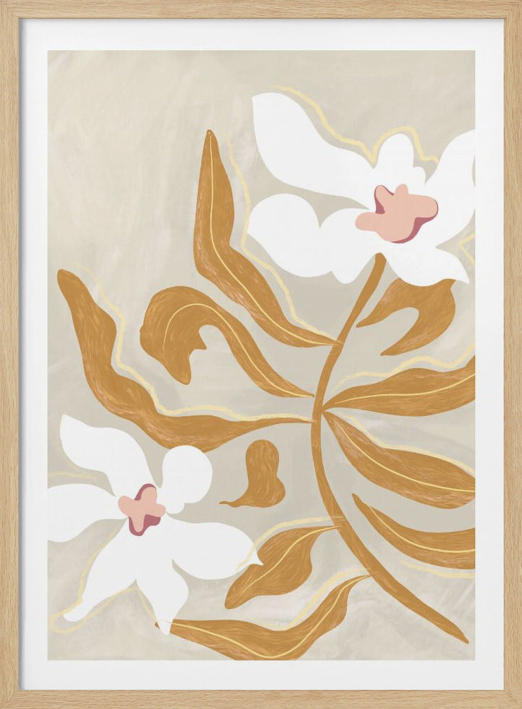A modern, stylized illustration of two large white flowers with pink centers and numerous ochre-brown leaves on a textured, light beige background, enclosed in a black frame. Poster