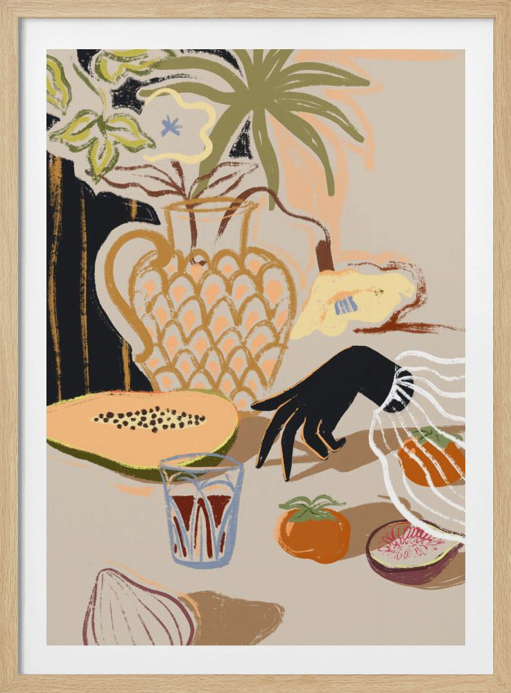A modern, painterly still life illustration featuring a collection of objects on a beige tabletop. A patterned pitcher holds flowers and a palm frond, while a sliced papaya, a glass of red liquid, a persimmon, a fig, and an onion are arranged in the foreground. A stylized black hand with a white ruffled cuff reaches in from the right. Decor