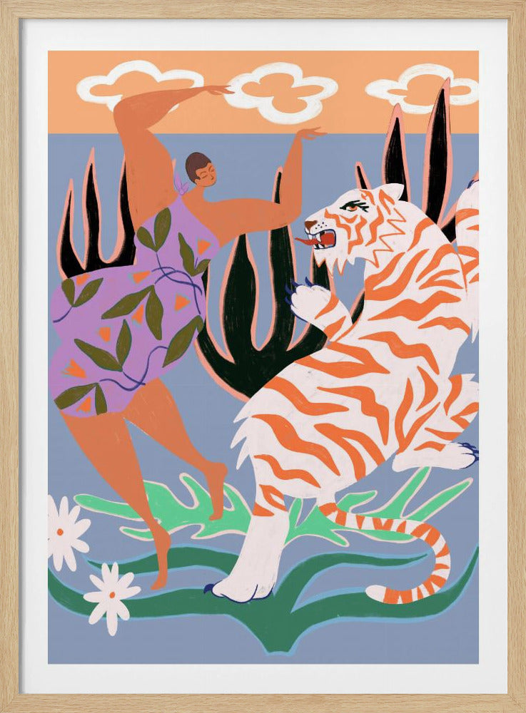 A stylized, colorful illustration depicting a woman in a purple, leaf-patterned dress dancing joyfully with a fierce white and orange tiger in a whimsical jungle setting. The background is light blue with large dark plants, and a peach-colored sky with white clouds is visible at the top. Decor