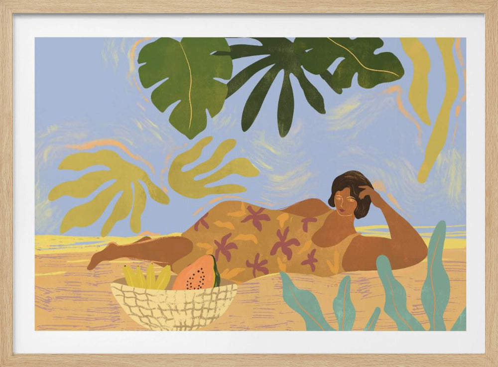 A stylized illustration of a woman in a yellow floral swimsuit lounging on a sandy beach. In the foreground is a woven basket with a sliced papaya and bananas. The scene is framed by large green and yellow tropical leaves against a light blue, swirled sky, evoking a serene, summery atmosphere. Print