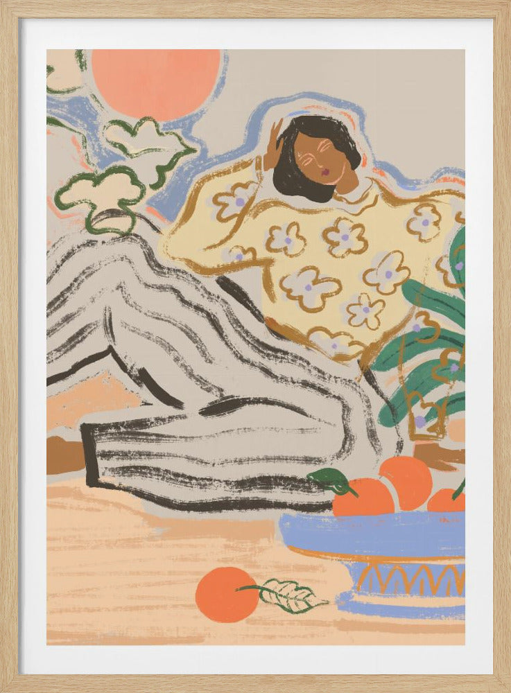 A stylized illustration of a person with dark hair reclining peacefully, wearing a yellow floral sweater and striped pants. In the foreground is a blue bowl of oranges, and the background features an abstract orange sun and soft clouds. Wall Art