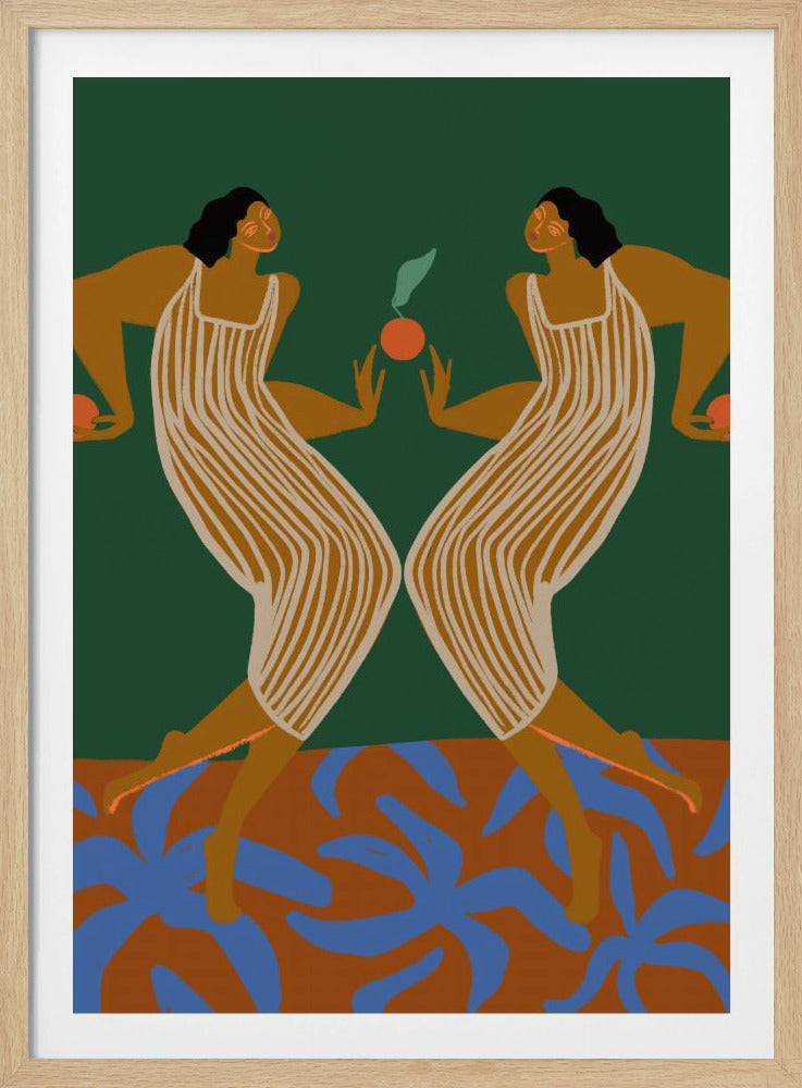 A symmetrical, stylized illustration of two women mirroring each other against a dark green background. They have brown skin, black hair, and wear striped dresses while dancing on an orange surface with blue leaf patterns. They gesture towards a floating orange fruit between them. Wall Art
