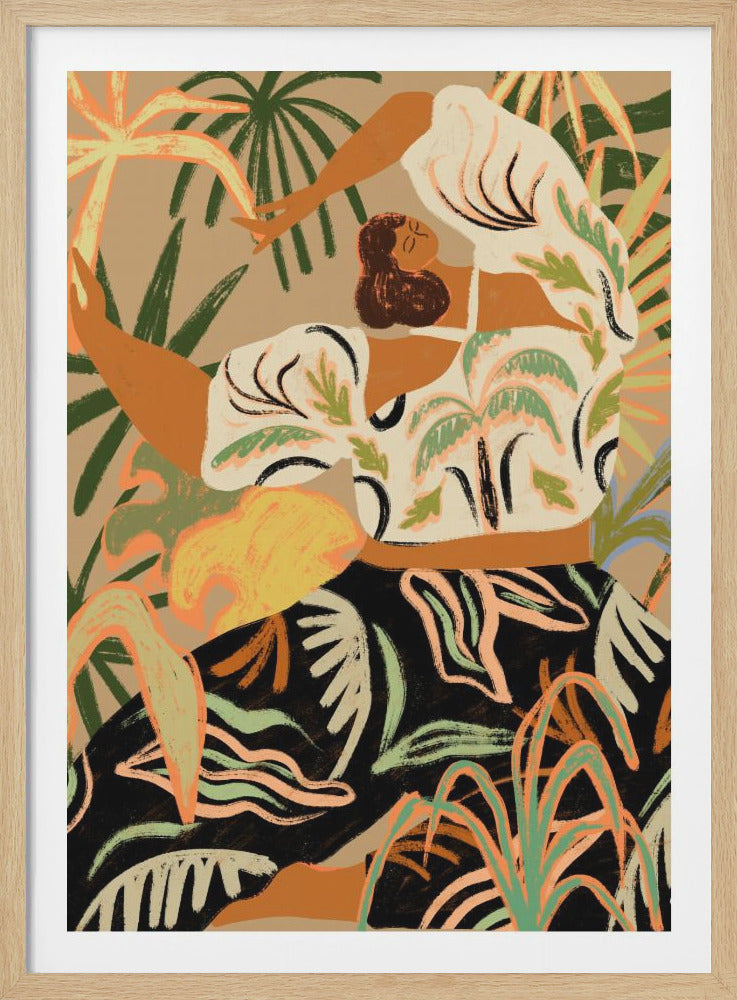 A stylized illustration of a woman with brown hair lounging peacefully amidst a dense jungle of tropical plants. She wears a white and black outfit adorned with a palm leaf pattern, mirroring the surrounding foliage. The artwork uses a warm, earthy color palette of tan, green, orange, and black, with a painterly, brushstroke texture. Decor