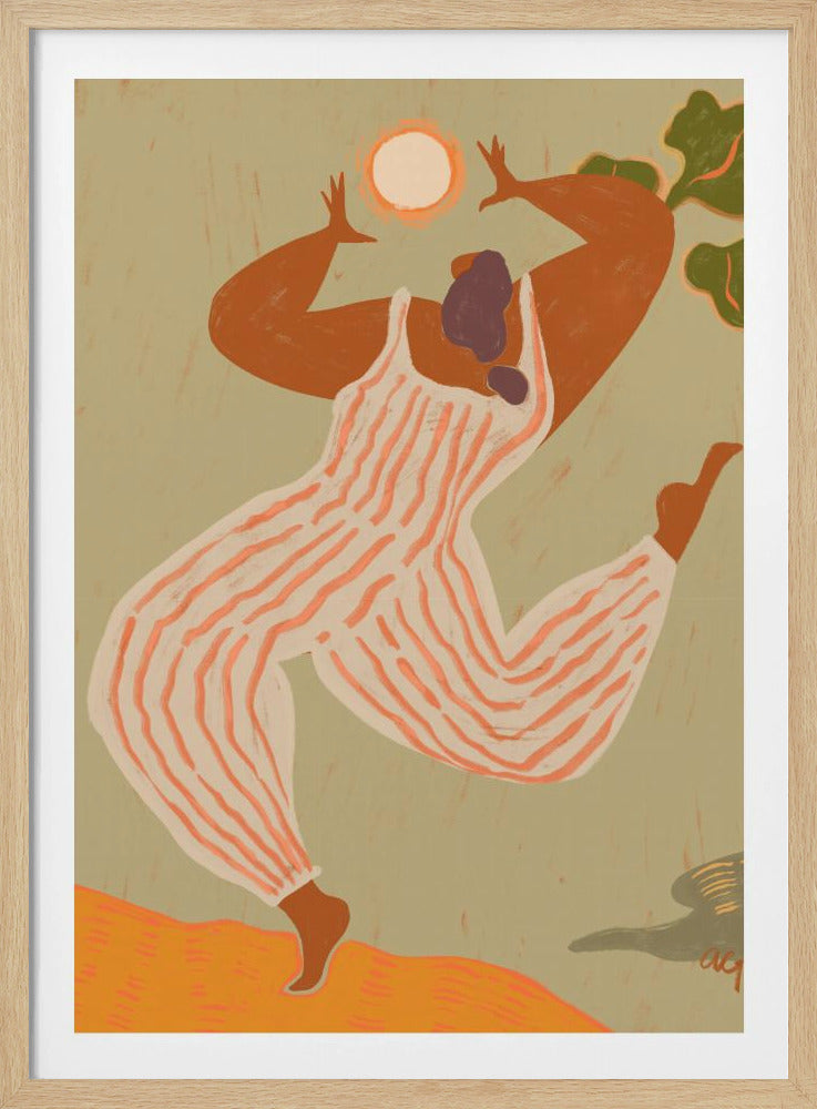 A stylized, painterly illustration of a woman with dark skin joyfully dancing or jumping. She wears a white and orange striped jumpsuit and raises her arms toward a bright sun against a muted green background. Print