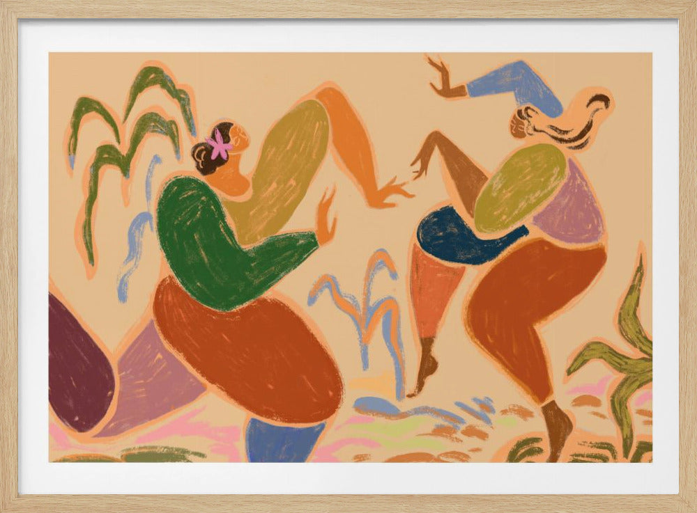 A framed piece of abstract figurative art depicting two women dancing amidst stylized plants. The artwork uses a warm, earthy color palette of beige, green, orange, blue, and purple, rendered in a textured, pastel-like style. The figures are composed of simplified, organic shapes, conveying a sense of joyful movement. Poster