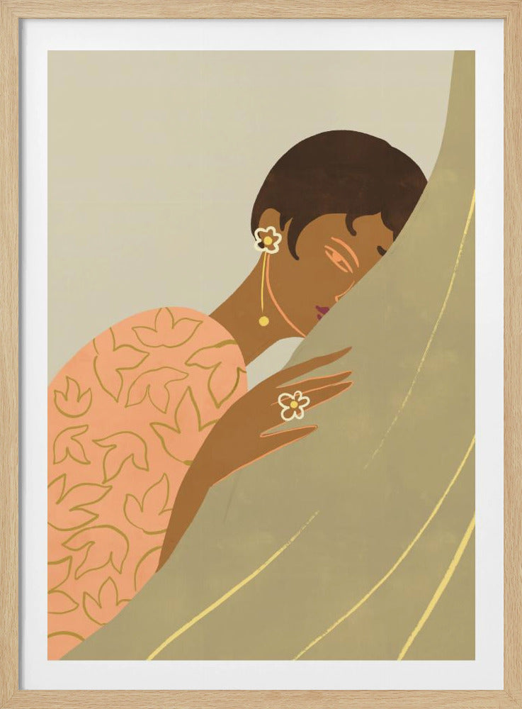 An Art Deco style illustration of a woman with dark skin and short hair, wearing a peach-colored patterned dress and flower-shaped jewelry. She is shown in profile, leaning her head against a muted green curtain with a serene expression. Print