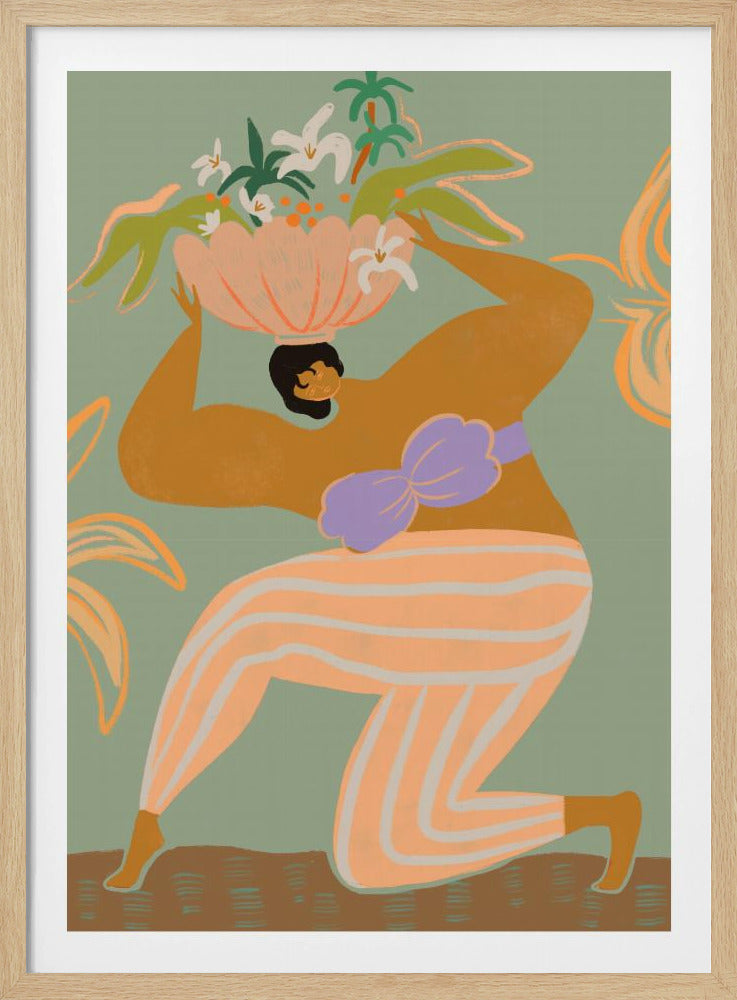 A stylized illustration of a woman kneeling against a sage green background. She has tan skin, black hair, and wears orange and white striped pants with a lavender bikini top. She holds a large pink bowl filled with white flowers and green tropical leaves on her head. Wall Art