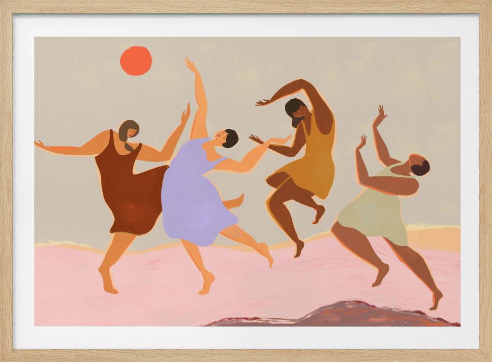 A modern art piece depicting four women in colorful dresses dancing joyfully in a stylized landscape under a red sun, set within a silver frame. Wall Art