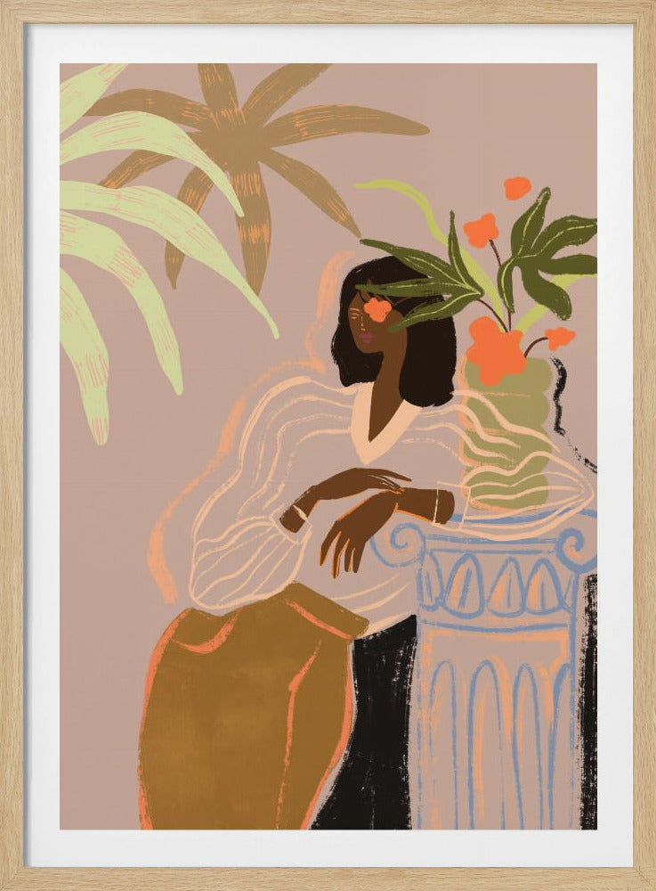 A stylized illustration of a Black woman with an orange flower over one eye, wearing a sheer white blouse and brown skirt, leaning against a classical column holding a vase of flowers, surrounded by tropical leaves against a muted pink background. Print