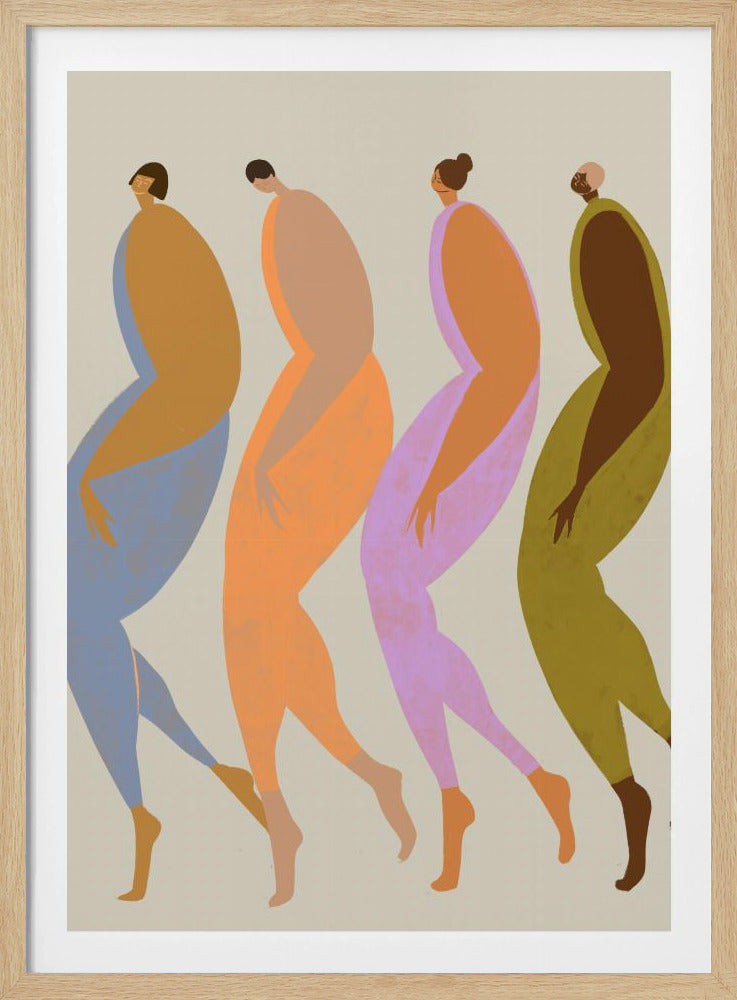 A modern, minimalist illustration of four elongated, stylized human figures walking in a line. Each figure is depicted in profile using a unique, vibrant color palette of blue, orange, purple, and olive green, set against a neutral beige background within a black frame. Artwork