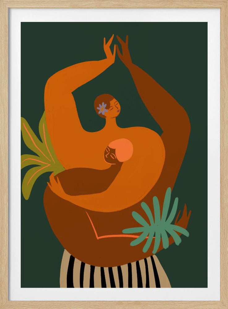 An abstract illustration of two figures in a tender embrace against a dark green background. The larger figure, in bright orange, has arms raised and a blue flower in their hair, while cradling a smaller, brown figure. Stylized green plants frame the scene. Poster