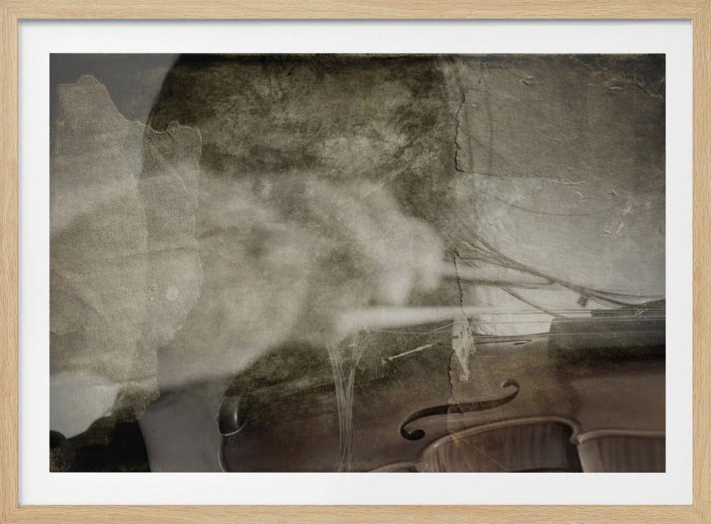 A heavily textured, abstract artwork in muted brown and gray tones, featuring a close-up of a violin. The image has a vintage, distressed look with smoky and layered effects, evoking a sense of nostalgia and mystery. The piece is enclosed in a silver frame. Print