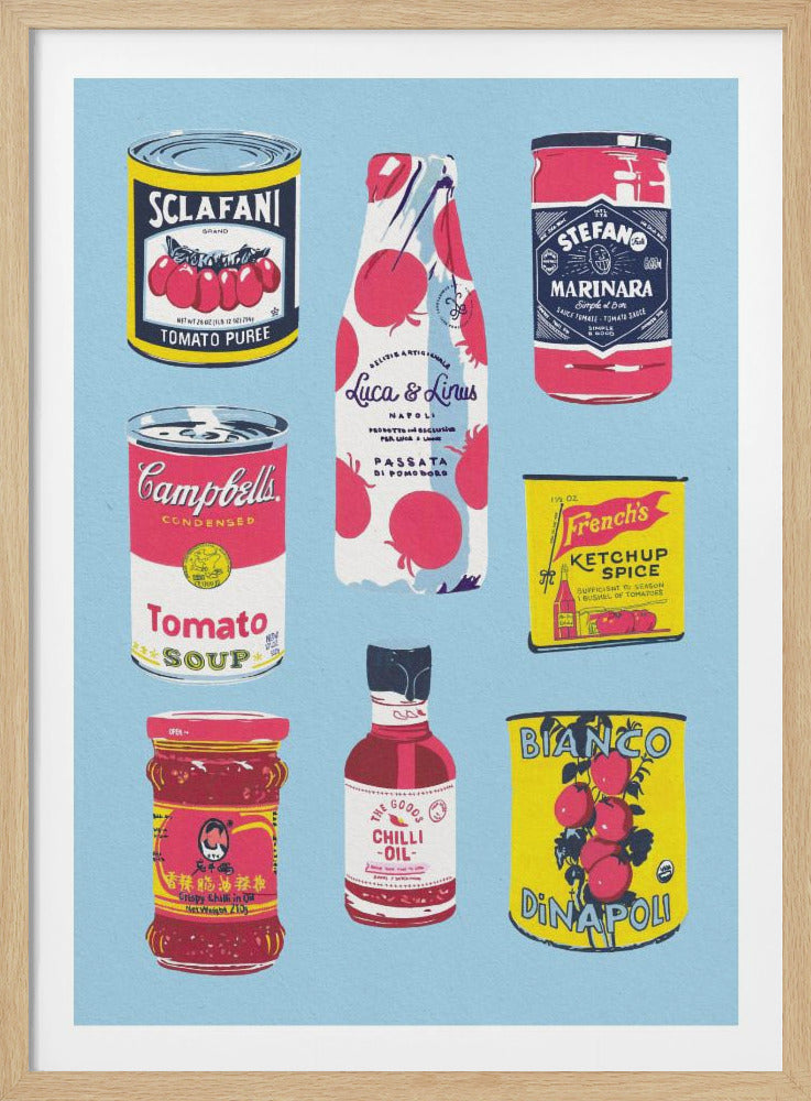 An illustrated art print featuring nine different vintage-style tomato products arranged in a grid on a light blue background. Products include Campbell's Tomato Soup, Sclafani Tomato Puree, and various other sauces, oils, and canned tomatoes. Artwork