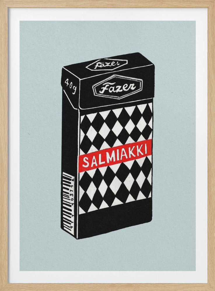 An illustration of a box of Fazer Salmiakki, a Finnish licorice candy. The box is black with a white and black diamond pattern, a red stripe with 'SALMIAKKI' in white, and the Fazer logo on top, all set against a solid light blue background. Wall Art