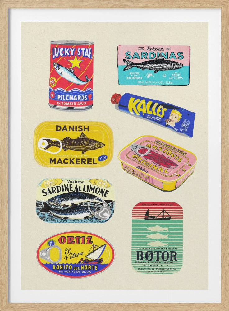 A framed art print showcasing a colorful collection of nine vintage-style tinned fish labels from around the world, including sardines, mackerel, and pilchards, arranged on a cream-colored background. Poster