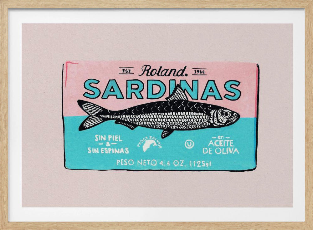 A pop art style illustration of a vintage sardine can label, framed in silver. The label is color-blocked with pink on top and turquoise on the bottom, featuring a detailed black and white drawing of a sardine. The text includes 'Roland SARDINAS' and other details in Spanish. Print