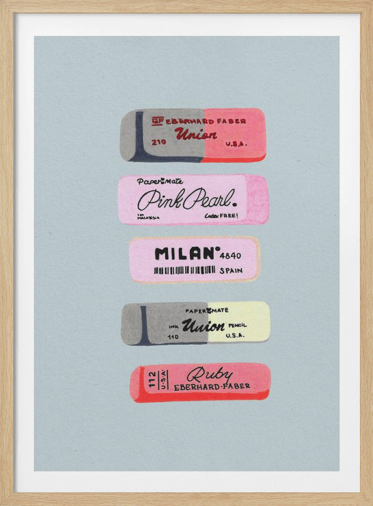 A framed illustration of five vintage-style block erasers stacked vertically on a light blue background. Each eraser features classic branding like Eberhard Faber, Pink Pearl, and Milan. Poster