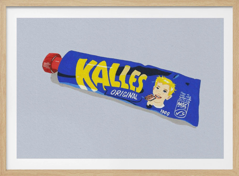 A framed pop art style illustration of a blue tube of Kalles Original, a Swedish food product. The tube has bold yellow lettering, a red cap, and the iconic image of a smiling blonde boy, all set against a light grey background. Print