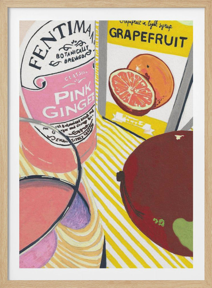 A colorful still life painting featuring a bottle of Fentimans Pink Ginger soda and a box of grapefruit on a yellow and white striped tablecloth, with a glass of pink drink and a large red fruit in the foreground. Poster
