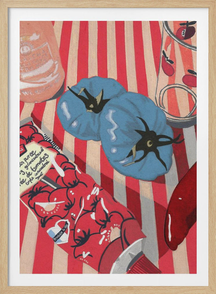 A pop art style painting of a still life scene on a red and white striped surface. Two large, vibrant blue tomatoes are in the center. In the foreground is a red tube of tomato paste, and in the background are a bottle and a glass jar. Wall Art