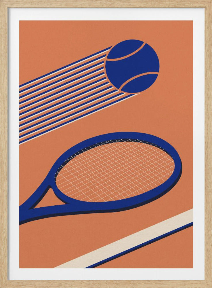 A minimalist graphic illustration of a blue tennis racket in the foreground and a blue tennis ball with motion lines streaking across an orange background, suggesting a clay tennis court. Wall Art