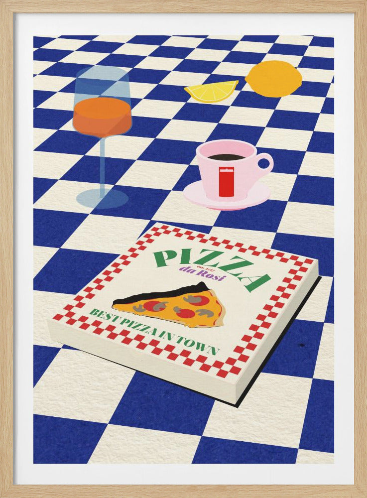 A graphic illustration of a tabletop scene with a blue and white checkered pattern, featuring a pizza box, a glass of orange juice, a pink coffee cup, and lemons. Decor