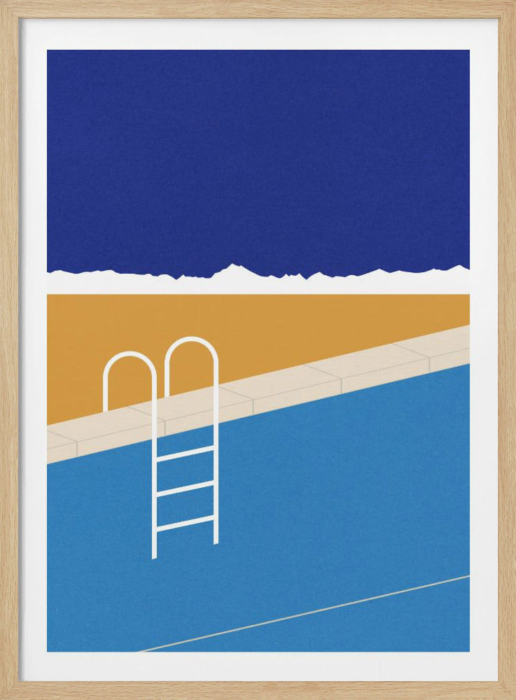 A minimalist graphic art print of a swimming pool scene. A white ladder is positioned at the edge of the bright blue pool water, against a mustard yellow deck. Above the deck is a large block of deep navy blue with a torn paper edge. Poster