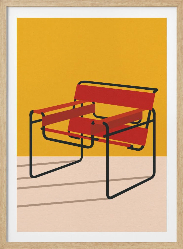 A minimalist graphic illustration of a red and black Wassily chair against a solid mustard yellow background. The chair, made of red straps and a black tubular frame, sits on a light beige floor, casting distinct shadows. Wall Art