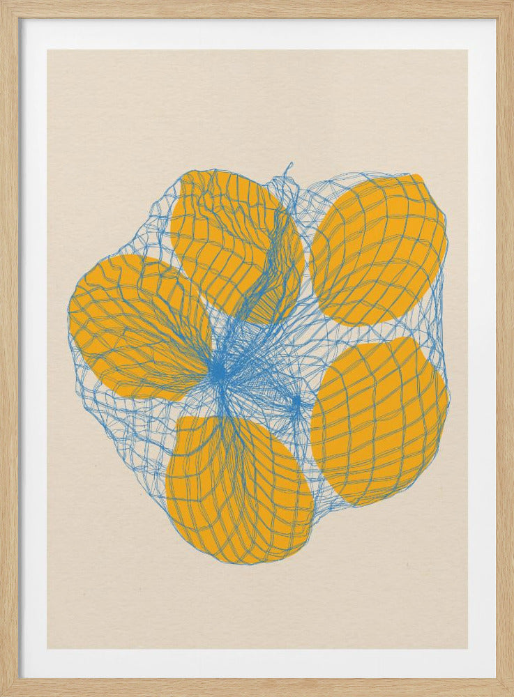 A graphic illustration of five yellow lemons in a vibrant blue mesh bag, set against a solid cream background. The artwork is rendered in a sketchy, linear style and is shown within a simple black frame. Wall Art