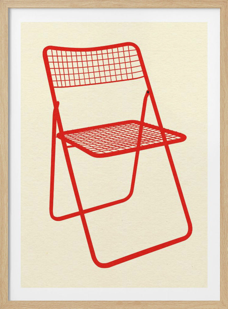 A minimalist graphic illustration of a red metal folding chair with a grid pattern on the seat and back, set against a cream-colored background and framed in black. Artwork