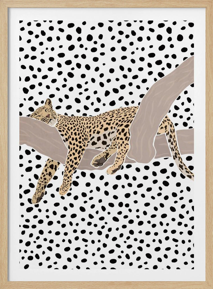 A graphic illustration of a spotted leopard sleeping on a smooth, tan tree branch. The entire background is a pattern of irregular black polka dots on a white field, creating a bold, modern aesthetic. Artwork