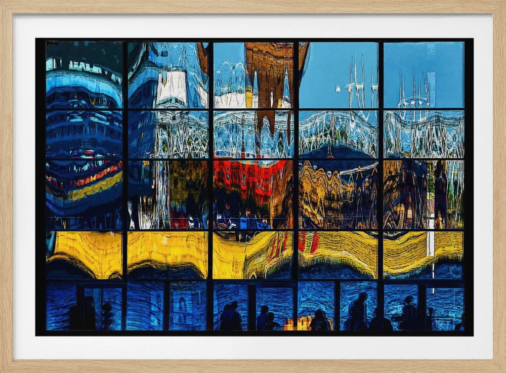A framed abstract artwork composed of a grid of window panes, each displaying a distorted, colorful reflection of a cityscape. The top sections are dominated by blues and whites, the middle by reds and golds, the next by vibrant yellows, and the bottom row shows silhouettes of people against a deep blue background. Poster
